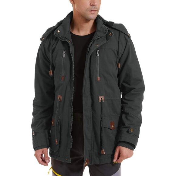 TacVasen Hooded Jacket Black Fleece Lined Military Zip Up Winter Coat Sz L Men's - Picture 1 of 11
